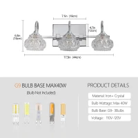17" Elegant 3-Light Bathroom Fixture with Clear Glass Shades, Brushed Nickel Finish, Vintage Crystal Vanity Light, 17.5" L x 7" W x 6.5" H, Silver(m-3)