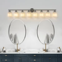 52" 8-Light Vanity Wall Sconce with Frosted Glass Shades, Brushed Nickel Finish, Ideal for Bathroom, Hallway, 52" L x 6.5" W x 10" H, Silver(m-8)