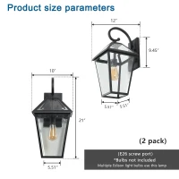 21" Outdoor Wall Lantern Light 2-Pack with Weather Resistant, Modern Metal, Glass Sconce for Porch and Patio, 24" L x 10" W x 21" H, Black(m-3)