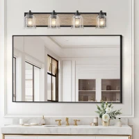 31.5" Farmhouse 4-Light Wall Sconce with Clear Glass Shades, Wooden Backboards, Industrial Vanity Light Fixture, 31.5" L x 7" W x 7" H, Black(m-10)