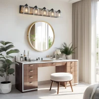 40" Farmhouse 5-Light Bathroom Wall Sconce with Clear Seeded Glass Shades, Modern Industrial Vanity Light Fixture, 40" L x 7" W x 7" H, Black(m-10)