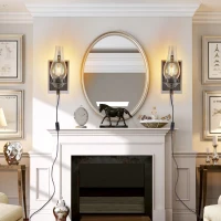 Set of 2 Rustic Farmhouse Wall Sconces with Glass Shade, Easy Installation, Vintage Industrial Plug-in Wall Lights, 5" L x 5" W x 12" H, Black+Gold(m-1)