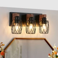 Industrial 3-Light Wall Sconce with Wooden Accents, Cage Wall Lighting Fixture for Bathroom, Hallway, 17.5" L x 6" W x 8.5" H, Walnut+Black(m-1)