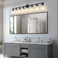 52" Modern 8-Light Vanity Light with Iron Frame, Frosted Glass, Wall Sconce for Bathroom, Dressing Room, 52" L x 6.5" W x 10" H, Black+White(m-7)