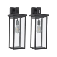 Set of 2 Modern Outdoor Wall Lanterns with E26 Bulb Compatible, Weatherproof Black Metal Frame with Clear Glass, 9" L x 9.5" W x 20" H, Black(m-2)