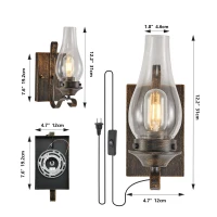 Set of 2 Rustic Farmhouse Wall Sconces with Glass Shade, Easy Installation, Vintage Industrial Plug-in Wall Lights, 5" L x 5" W x 12" H, Black+Gold(m-3)