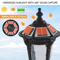 Retro Solar Light with Dimmable LED with Vintage Design, Automatic Lighting Function, Easy Installation, 9" L x 9" W x 18.5" H, Black(m-5)