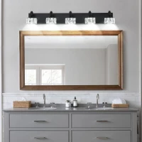 Modern 5-Light LED Vanity Light Fixture with Crystal Glass Shades, Matte Black Bathroom Wall Sconce, 36" L x 8" W x 5" H, Black(m-8)
