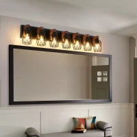 Industrial 7-Light Wall Sconce with Metal Wire Cage Shades, Wooden Accents, Ideal for Bathroom, Hallway, 44" L x 6" W x 8.5" H, Walnut+Black(m-9)