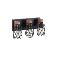 Industrial 3-Light Wall Sconce with Wooden Accents, Cage Wall Lighting Fixture for Bathroom, Hallway, 17.5" L x 6" W x 8.5" H, Walnut+Black(m-2)