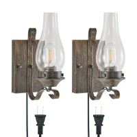 Set of 2 Rustic Farmhouse Wall Sconces with Glass Shade, Easy Installation, Vintage Industrial Plug-in Wall Lights, 5" L x 5" W x 12" H, Black+Gold(m-2)
