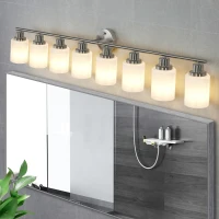 52" 8-Light Vanity Wall Sconce with Frosted Glass Shades, Brushed Nickel Finish, Ideal for Bathroom, Hallway, 52" L x 6.5" W x 10" H, Silver(m-7)
