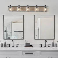 40" Farmhouse 5-Light Bathroom Wall Sconce with Clear Seeded Glass Shades, Modern Industrial Vanity Light Fixture, 40" L x 7" W x 7" H, Black(m-9)