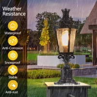 Vintage Crown Outdoor Post Lantern with Clear Glass Shade, Antique Metal Base, Ideal for Garden, Patio, 8" L x 8" W x 22" H, Coffee+Golden(m-4)