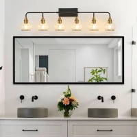 48" Modern 6-Light Vanity Wall Sconce with Clear Glass Shades, Wall Mounted Lamp for Bathroom, Living Room, 48" L x 8" W x 11" H, Black+Gold(m-8)