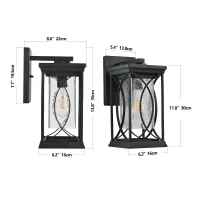 Outdoor Wall Lantern with Crackled Glass, Weather-Resistant Exterior Light Fixture for Porch, Patio, Entryway, 6.5" L x 8.5" W x 14" H, Black(m-3)