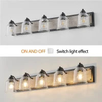 40" Farmhouse 5-Light Bathroom Wall Sconce with Clear Seeded Glass Shades, Modern Industrial Vanity Light Fixture, 40" L x 7" W x 7" H, Black(m-5)