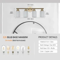 24.5" Modern 4-Light Vanity Wall Sconce with Frosted Glass Shades, Hard-Wired Bathroom Lighting Fixture, 24.5" L x 6.5" W x 10" H, Gold(m-4)