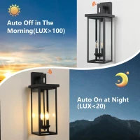 Outdoor Wall Lantern with Dusk to Dawn Sensor, Weatherproof Dual-Light Design, Clear Glass Panels, 8" L x 9.5" W x 22" H, Black(m-6)