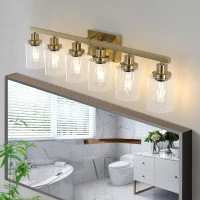 37" 6-Light Vanity Light with Clear Glass Shades, Easy Installation, Modern Iron Metal Bathroom Wall Fixture for Mirror, 37" L x 6" W x 9" H, Golden(m-1)