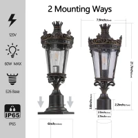 Vintage Crown Outdoor Post Lantern with Clear Glass Shade, Antique Metal Base, Ideal for Garden, Patio, 8" L x 8" W x 22" H, Coffee+Golden(m-6)