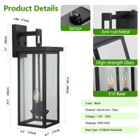 Outdoor Wall Lantern with Dusk to Dawn Sensor, Weatherproof Dual-Light Design, Clear Glass Panels, 8" L x 9.5" W x 22" H, Black(m-3)