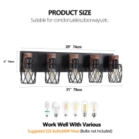 31" Industrial Vintage 5-Light Wall Sconce with Wooden Accents, Cage Fixture for Hallway, Living Room, 31" L x 6" W x 8.5" H, Walnut+Black(m-3)