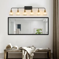 48" Modern 6-Light Vanity Wall Sconce with Clear Glass Shades, Wall Mounted Lamp for Bathroom, Living Room, 48" L x 8" W x 11" H, Black+Gold(m-7)