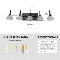 Retro 5-Light Vanity Light Fixture with Crystal Glass Shades, Metal Bracket, Perfect for Bathroom, Dressing Room, 29" L x 7" W x 6.5" H, Black(m-3)
