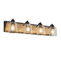 31.5" Farmhouse 4-Light Wall Sconce with Clear Glass Shades, Wooden Backboards, Industrial Vanity Light Fixture, 31.5" L x 7" W x 7" H, Black(m-2)