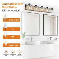 40" Farmhouse 5-Light Bathroom Wall Sconce with Clear Seeded Glass Shades, Modern Industrial Vanity Light Fixture, 40" L x 7" W x 7" H, Black(m-7)