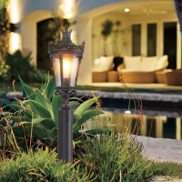 Vintage Crown Outdoor Post Lantern with Clear Glass Shade, Antique Metal Base, Ideal for Garden, Patio, 8" L x 8" W x 22" H, Coffee+Golden(m-7)