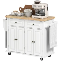 HOMCOM Kitchen Island Cart with Rubber Wood Top, Rolling Kitchen Island Table on Wheels with Drawers, Adjustable Shelves, Spice Rack and Towel Rack for Dining Room, White(m-11)