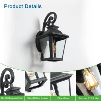 Outdoor Wall Lantern Light with Decorative Scroll Design, Clear Glass Sconce, Weather-Resistant Aluminium, 14" L x 11" W x 21" H, Black(m-6)