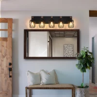 31" Industrial Vintage 5-Light Wall Sconce with Wooden Accents, Cage Fixture for Hallway, Living Room, 31" L x 6" W x 8.5" H, Walnut+Black(m-7)
