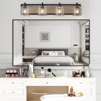 31.5" Farmhouse 4-Light Wall Sconce with Clear Glass Shades, Wooden Backboards, Industrial Vanity Light Fixture, 31.5" L x 7" W x 7" H, Black(m-9)