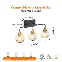 23" Industrial 3-Light Vanity Wall Sconce with Clear Glass Shades, Wall Mounted Lamp for Bathroom, Bedroom, 23" L x 8" W x 11" H, Black+Gold(m-3)