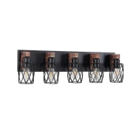 31" Industrial Vintage 5-Light Wall Sconce with Wooden Accents, Cage Fixture for Hallway, Living Room, 31" L x 6" W x 8.5" H, Walnut+Black