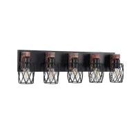 31" Industrial Vintage 5-Light Wall Sconce with Wooden Accents, Cage Fixture for Hallway, Living Room, 31" L x 6" W x 8.5" H, Walnut+Black(m-2)
