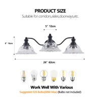 24" Vintage 3-Light Wall Sconce with Clear Glass Lampshades, Vanity Fixture for Bathroom, Hallway, Bedroom, 24" L x 12" W x 8" H, Black(m-3)