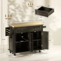 HOMCOM Kitchen Island Cart with Rubber Wood Top, Rolling Kitchen Island Table on Wheels with Drawers, Adjustable Shelves, Spice Rack and Towel Rack for Dining Room, Brown Oak(m-3)