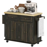 HOMCOM Kitchen Island Cart with Rubber Wood Top, Rolling Kitchen Island Table on Wheels with Drawers, Adjustable Shelves, Spice Rack and Towel Rack for Dining Room, Brown Oak(m-11)