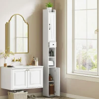 HOMCOM Narrow Bathroom Cabinet, Tall Bathroom Storage Cabinet with Barn Doors, Drawer and Adjustable Shelves, White Wood Grain(m-8)