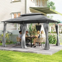 Outsunny 10' x 13' Double Roof Patio Gazebo, Outdoor Gazebo with Curtains, for Garden, Lawn, Backyard and Deck, Dark Grey(m-1)