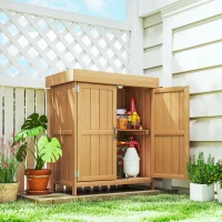 Outsunny Wooden Garden Tool Storage Shed Kit with Hinged Roof, 2-Tier Shelves and Double Doors, 74x43x88cm, Natural Wood(m-10)