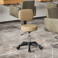 HOMCOM PU Leather Adjustable Rolling Stool, Round Swivel Drafting Stool with Back, Wheels, Light Brown(m-1)