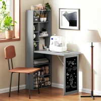 HOMCOM Fold-out Convertible Office Desk, Wall Mount Computer Desk with Blackboard and Side Shelf, Charcoal Gray(m-9)