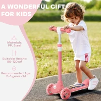 Qaba 3 Wheel Kids Scooter, Toddler Kick Scooter with Adjustable Height, Rear-Fender Brake, LED Light, TPE Handlebar, Pink(m-7)