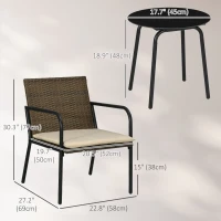 Outsunny 3 Pieces Outdoor Wicker Furniture Set with Soft Cushions Tempered Glass Coffee Table for Garden, Backyard, Khaki(m-3)