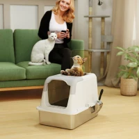 PawHut Extra Large Stainless Steel Litter Box, Enclosed Kitty Litter Box for Big Cats with Scoop, Deodorizer Bag(m-8)